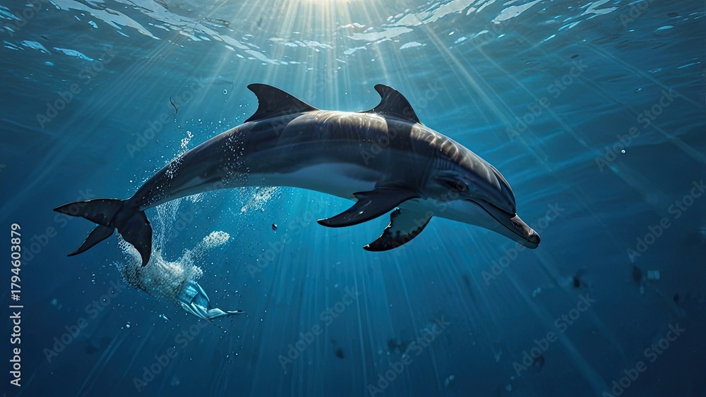 Fototapeta premium Dolphins Chase Small Fish in Shallow Sea