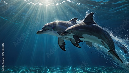 Dolphins Chase Small Fish in Shallow Sea