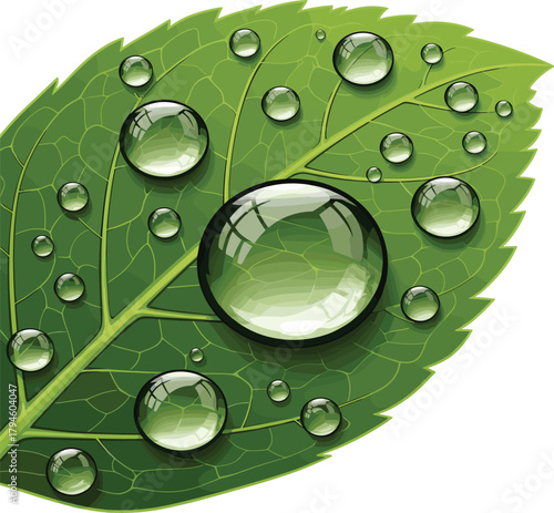 Macro View of Green Leaf with Realistic Water Drops Vector