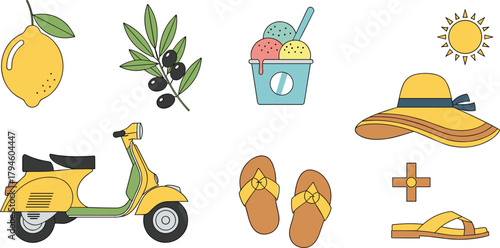 Minimal Mediterranean Summer Vacation Vector Set.