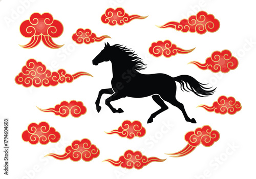A black silhouette of a galloping horse surrounded by traditional red and gold Chinese clouds on a white background.