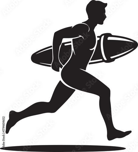 Lifeguard Running with Rescue Can Buoy Silhouette on Beach Sand Dune Coastal Rescuer Ready to Save Swimmer Water Safety Patrol Guard