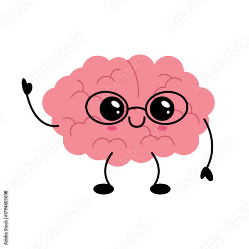 Cute smiling brain character with glasses illustration