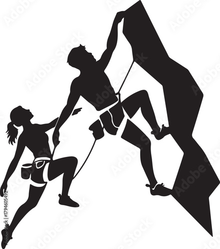 Rock Climbers Climb on Rock Wall Silhouette Extreme Sport Activity Adventure Challenge Training Vector Illustration Isolated