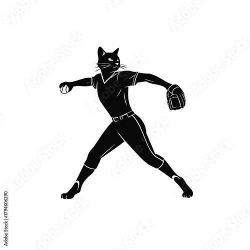 Black cat playing baseball pitcher throwing ball animal character cartoon vector