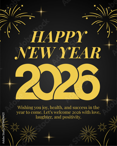 a black and gold text with fireworks (Happy New Year 2026)