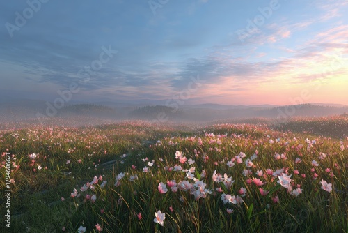 Fototapeta Naklejka Na Ścianę i Meble -  Pink Flowers Field At Sunset Landscape