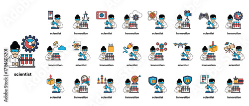 A series of cartoon images of scientists