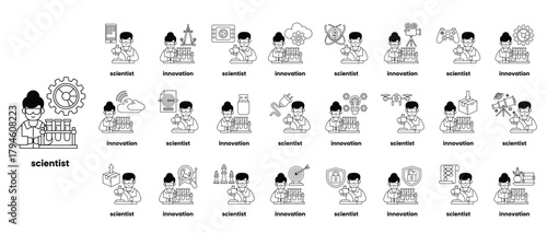 A series of cartoon images of scientists