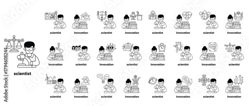 A series of cartoon characters with the word Scientist written below them