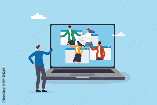 Online meeting conference call, team work remotely with video chat monitor, seminar or remote discussion, staff meeting virtual talk, business people colleague meeting with online video conference.