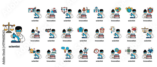 A series of cartoon characters with the word Scientist written below them