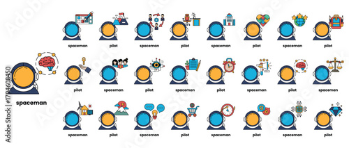 A series of cartoon characters are shown in a circle