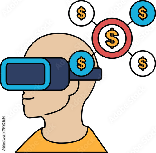 A man wearing a virtual reality headset with a dollar sign on his head