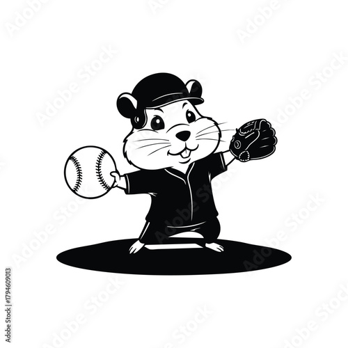 Cartoon hamster playing baseball pitcher holding ball isolated vector illustration