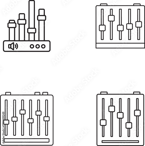Set of four hand drawn line art icons representing audio mixing consoles and sound equipment