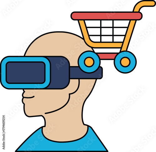A man wearing a virtual reality headset is standing next to a shopping cart
