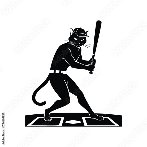 Cat is playing baseball as batter swinging bat on diamond in cartoon vector
