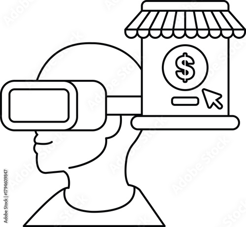 A man wearing a virtual reality headset is standing in front of a store with a s