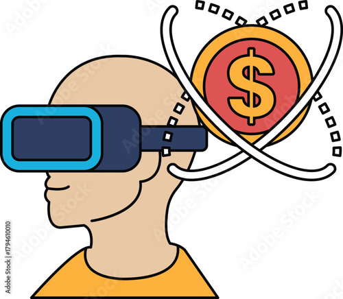 A man wearing a virtual reality headset is looking at a dollar sign