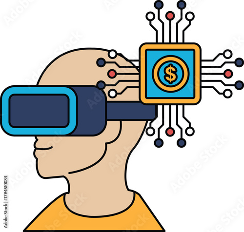 A man wearing a virtual reality headset with a dollar sign on his head