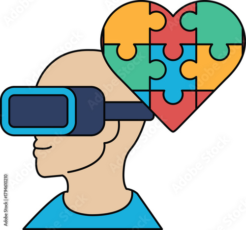 A man wearing a virtual reality headset is looking at a puzzle
