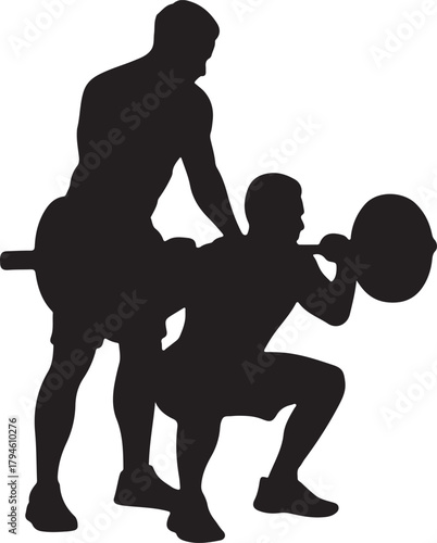 Silhouette of Powerlifting Duo an Intense Workout Scene Featuring Spotter Assisting Athlete with Heavy Barbell Squat on Transparent Backdrop