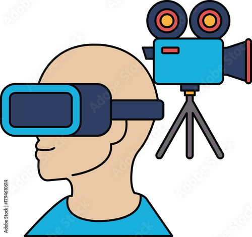 A man wearing a virtual reality headset is standing next to a camera