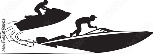 Silhouette of Person Riding Jet Ski and Powerboat on Transparent Background Vector Illustration