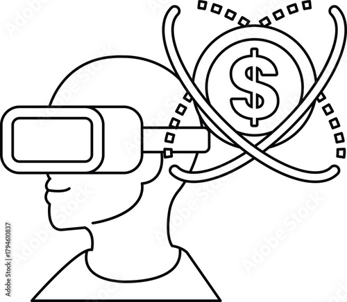 A man wearing a virtual reality headset is looking at a dollar sign