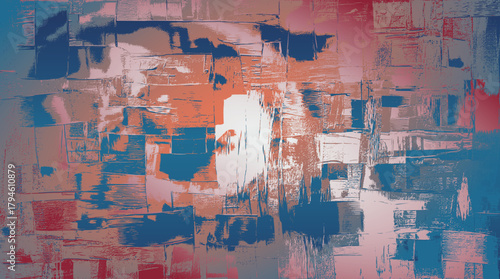 Abstract vector art, cool blue and warm tones. Textured brush strokes on canvas, creating a serene composition inspired by calm minimalism and balance