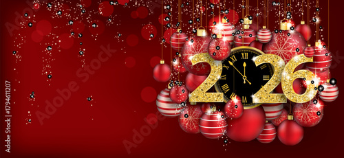 Hanging Red Baubles Christmas Golden Clock 2026