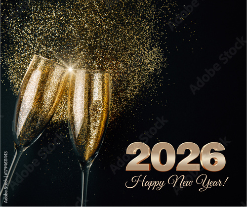 a pair of champagne glasses with gold glitter (Happy New Year 2026)