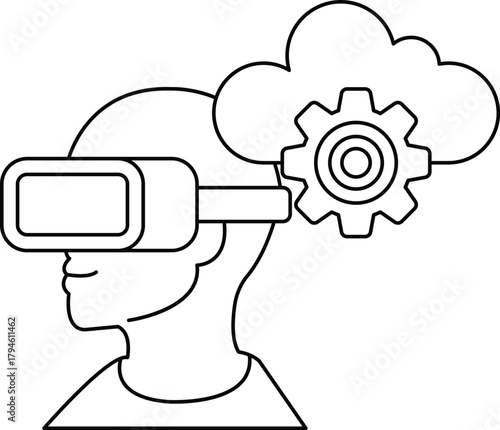 A man wearing a virtual reality headset is looking up at a cloud