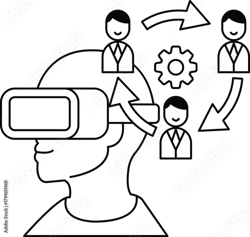 A man wearing a virtual reality headset is surrounded by people