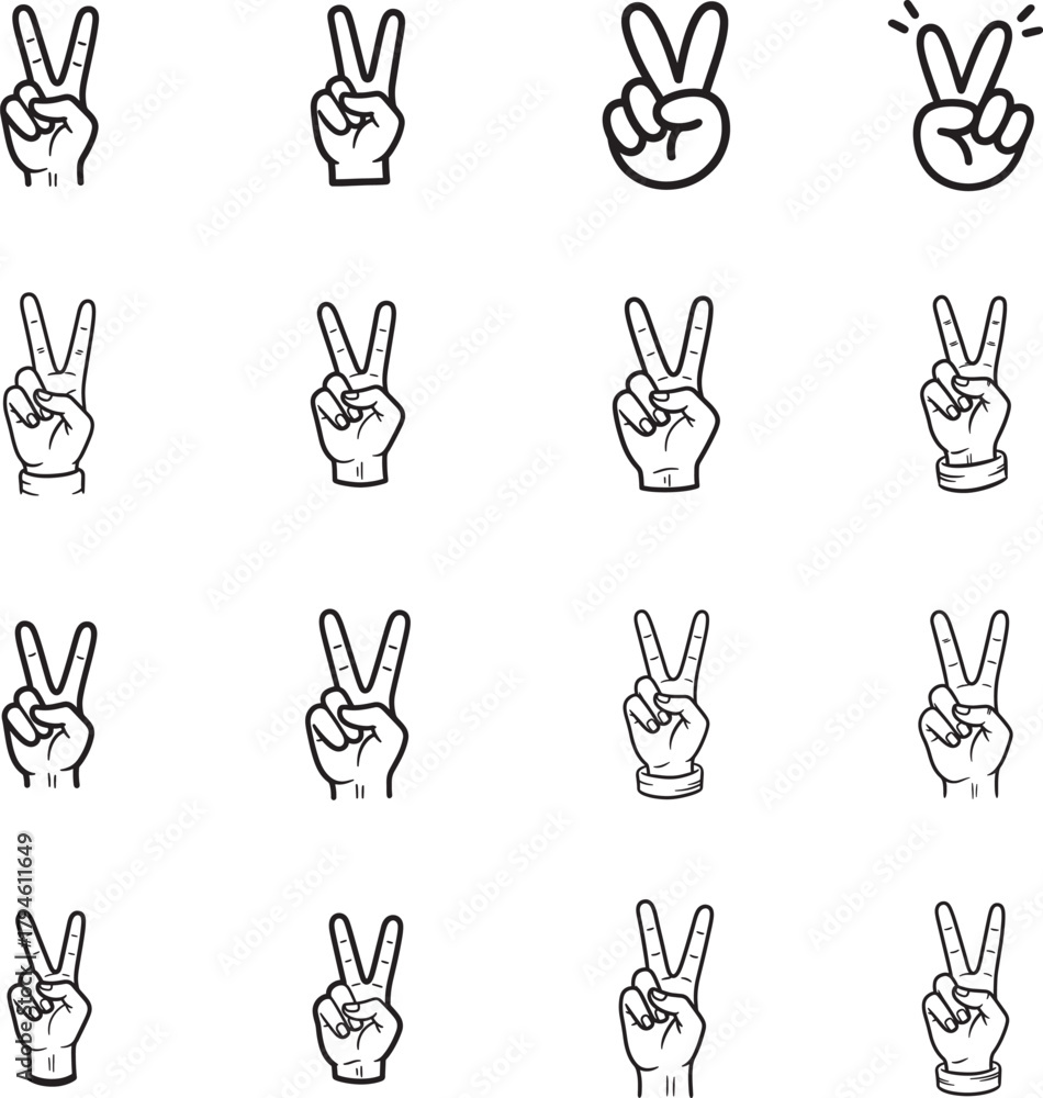 Fototapeta premium Victory Sign doodle line art collection. Includes line art symbols peace, v sign, two fingers, gesture, success and more. Isolated doodles. Victory Sign doodle set.