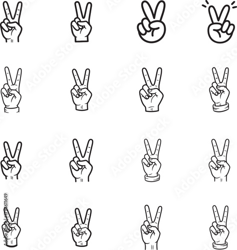 Victory Sign doodle line art collection. Includes line art symbols peace, v sign, two fingers, gesture, success and more. Isolated doodles. Victory Sign doodle set.
