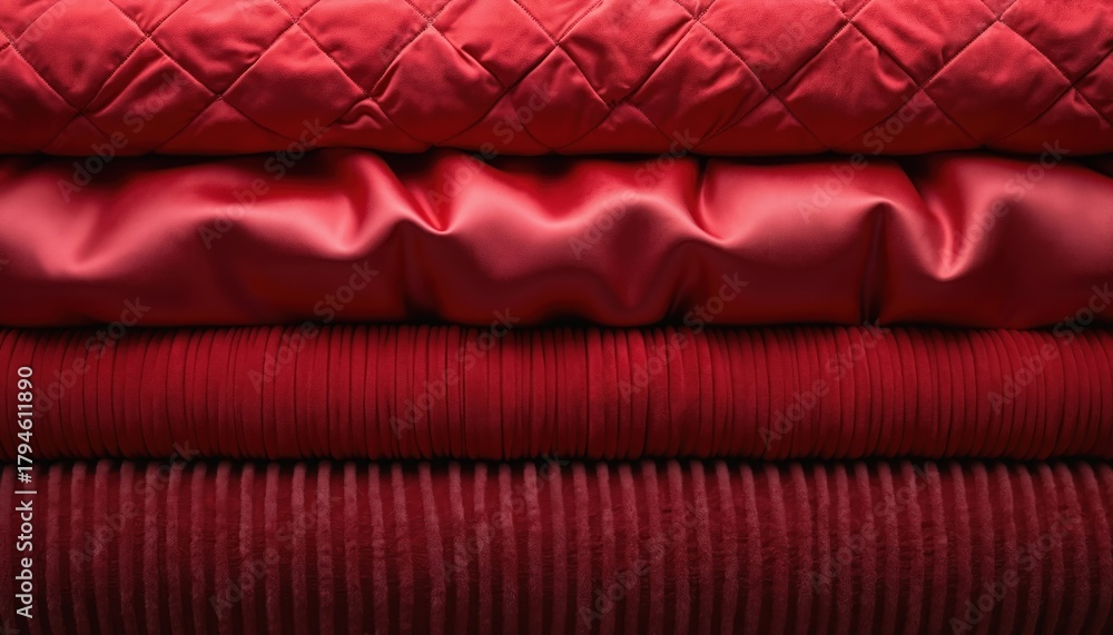Obraz premium Rich red fabric layers stacked neatly. One is quilted, another shiny satin, then pleated, and finally ribbed plush. Diverse textures and finishes for home and fashion.