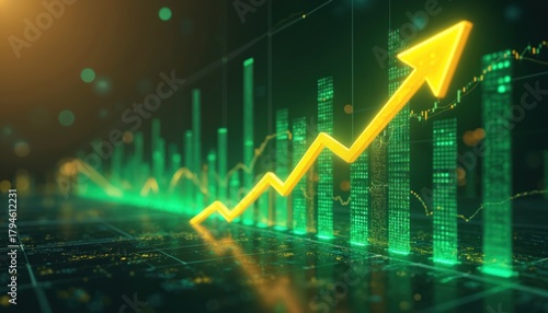 Abstract digital green graph shows strong market growth. Yellow arrow moves upwards, reflecting increasing stock value, rising business profits. Data visualization indicates economic development, © Maryna