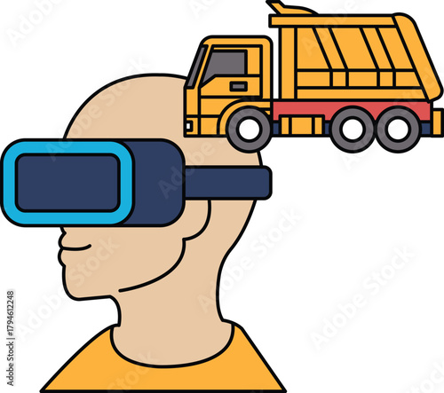 A man wearing a virtual reality headset is looking at a truck