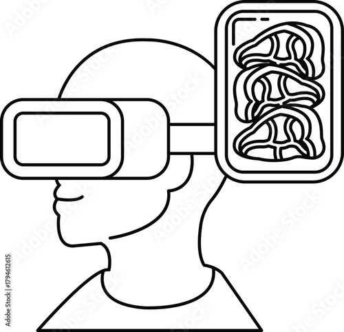 A man wearing a virtual reality headset is looking at a plate of meat