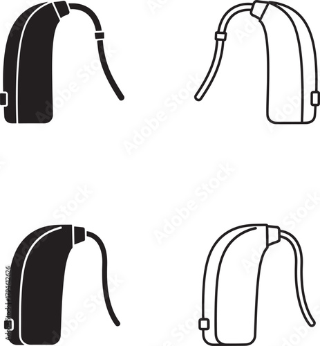Set of four black and white line art icons representing hearing aids