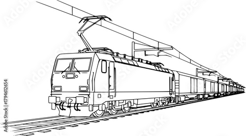 Freight train with electric locomotive on tracks train, freight train, locomotive, system, energy, background, power, logistics, electric, railway, industrial, distance, design, locomotive, tracks, sp