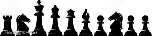 Silhouette of a complete set of chess pieces arranged in a line on a white background showcasing their distinct shapes and forms
