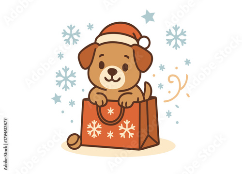 Cute Christmas Puppy in Festive Gift Bag Illustration
