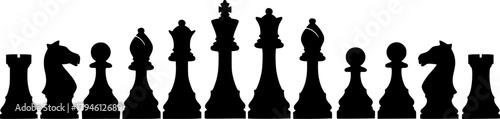 Silhouette of a complete set of chess pieces arranged in a line on a white background showcasing their distinct shapes and forms
