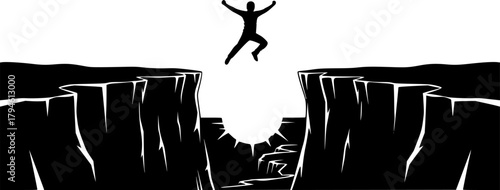 Man jumping silhouette between cliffs at sunrise — motivational success and challenge concept for design and business visuals
