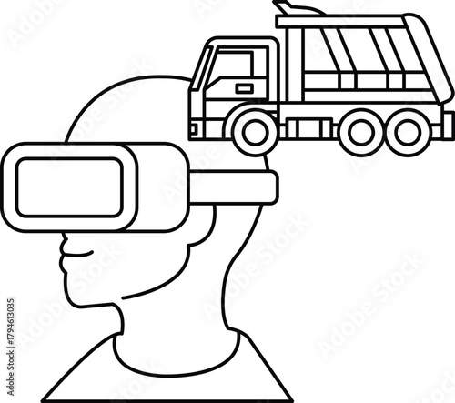 A man wearing a virtual reality headset is looking at a truck