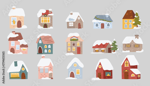 Set of cute houses in winter. Vector illustration in flat style.