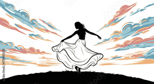 Elegant woman silhouette dancing on hill at sunset with flowing dress and colorful sky for lifestyle and design backgrounds
